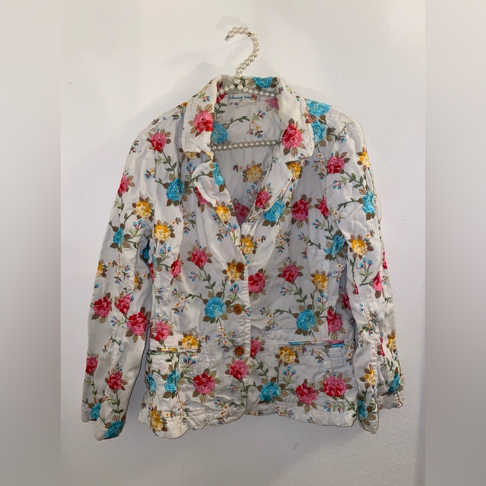 Johnny Was Quilted Floral Blazer Jacket in White with Pink, Blue & Yellow Roses
